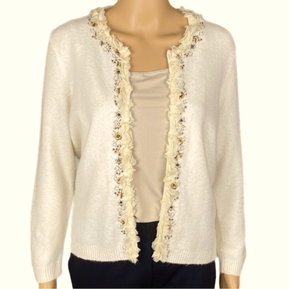 T-TAHARI buttery cream cardigan sweater with floral & tulle trim Large EUC